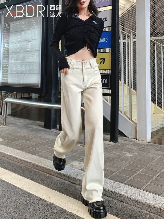 Off-white high-waisted straight wide-leg jeans for women 2024 autumn new loose-fitting raw edge drapey floor-length pants
