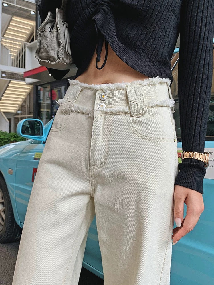 Off-white high-waisted straight wide-leg jeans for women 2024 autumn new loose-fitting raw edge drapey floor-length pants
