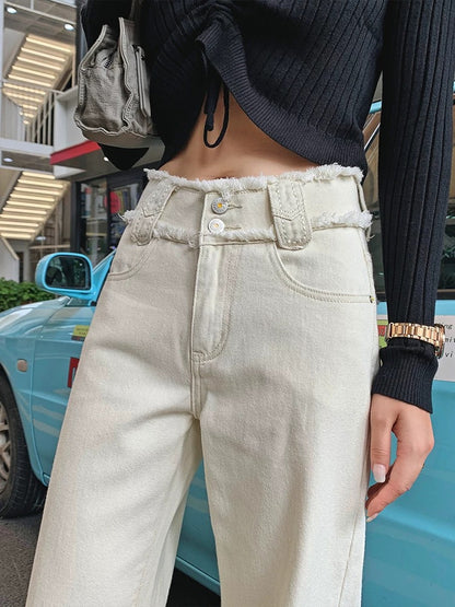 Off-white high-waisted straight wide-leg jeans for women 2024 autumn new loose-fitting raw edge drapey floor-length pants