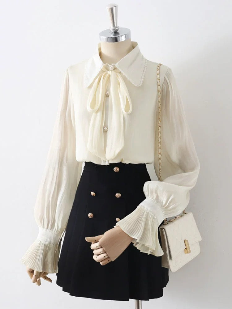 Temperamental mercerized double-layer anti-transparent lantern sleeve shirt for women in summer, niche design, long-sleeved bowknot chic top
