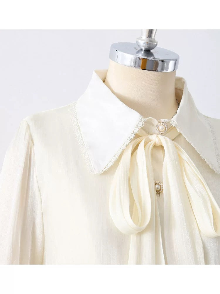 Temperamental mercerized double-layer anti-transparent lantern sleeve shirt for women in summer, niche design, long-sleeved bowknot chic top