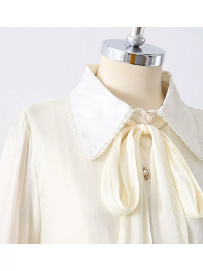 Temperamental mercerized double-layer anti-transparent lantern sleeve shirt for women in summer, niche design, long-sleeved bowknot chic top