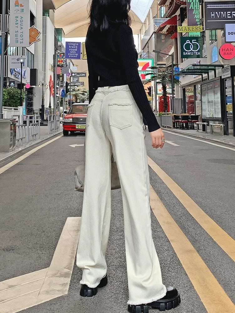 Off-white high-waisted straight wide-leg jeans for women 2024 autumn new loose-fitting raw edge drapey floor-length pants