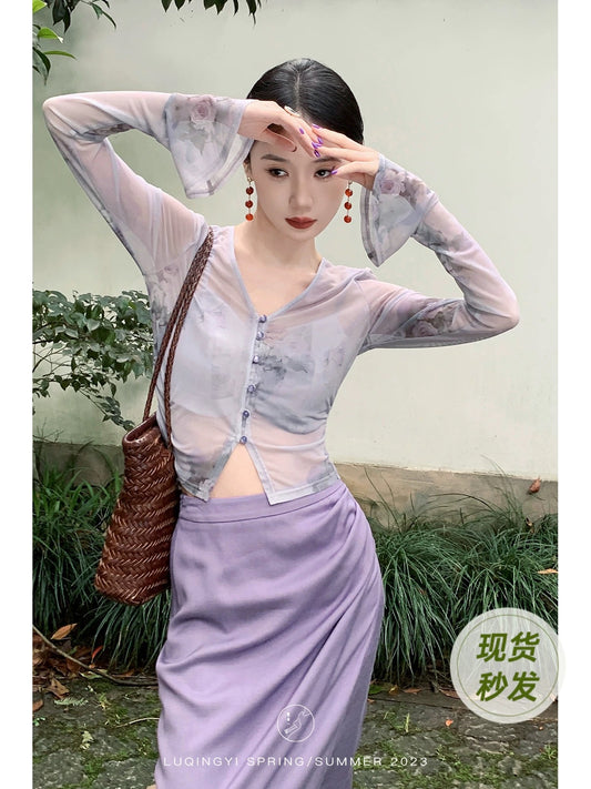 Lu Qingyi original [Purple Jade Hairpin] summer sun protection thin shirt women's long-sleeved summer lazy style shirt air-conditioning shirt