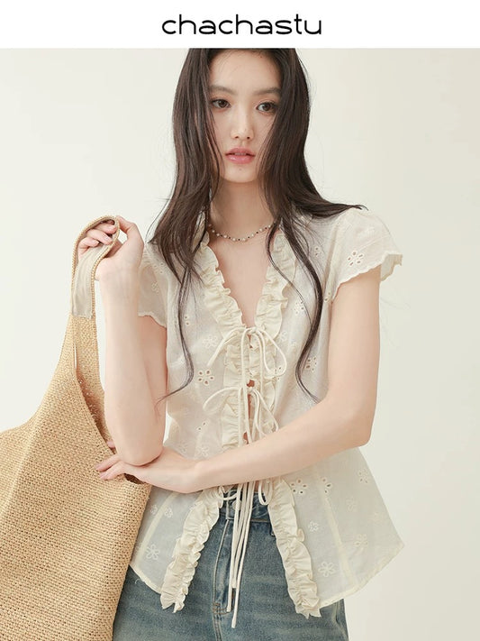 CHACHASTU [Summer Prologue] Cream Petal Small Flying Sleeves Retro Lace-up Lotus Leaf Shirt