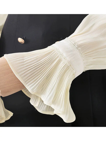 Temperamental mercerized double-layer anti-transparent lantern sleeve shirt for women in summer, niche design, long-sleeved bowknot chic top