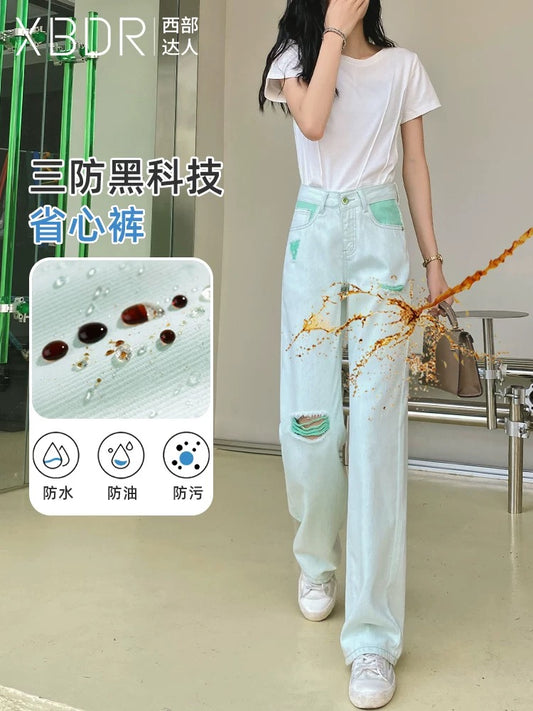 Three-proof drape jeans for women with holes, straight wide legs, 2024 autumn new style high-waisted loose design floor mopping pants