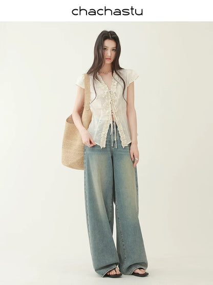 CHACHASTU [Summer Prologue] Cream Petal Small Flying Sleeves Retro Lace-up Lotus Leaf Shirt