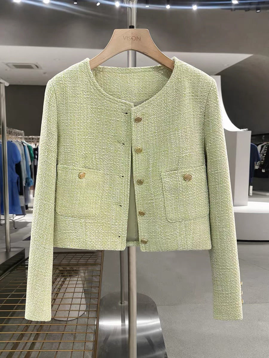 Green French-style-inspired jacket for women, new spring and autumn 2025 style, trendy chic and fresh textured short top.