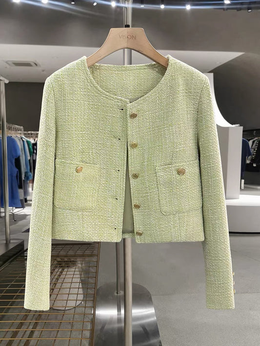 Green French-style-inspired jacket for women, new spring and autumn 2025 style, trendy chic and fresh textured short top.