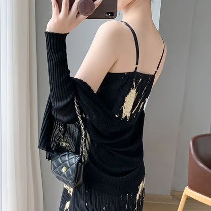2024 new summer women's French retro floral long skirt black temperament gentle style slim suspender dress