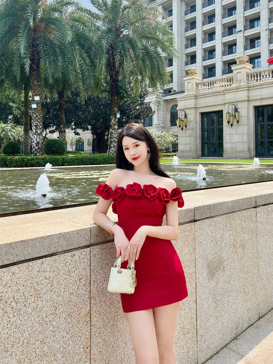 [Rose Red] V@1entin0 hand-sewn rose flower one-shoulder dress
