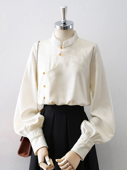 New Chinese style national style retro buttoned shirt women's long sleeve 2025 spring and autumn new jacquard stand collar shirt chic top