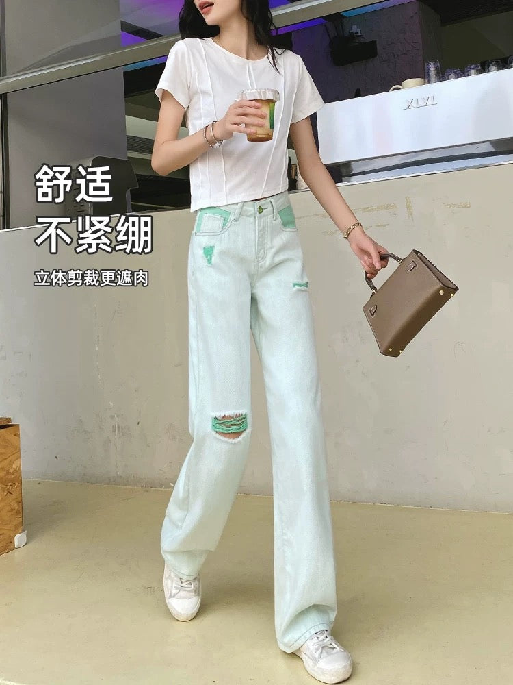 Three-proof drape jeans for women with holes, straight wide legs, 2024 autumn new style high-waisted loose design floor mopping pants