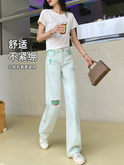 Three-proof drape jeans for women with holes, straight wide legs, 2024 autumn new style high-waisted loose design floor mopping pants