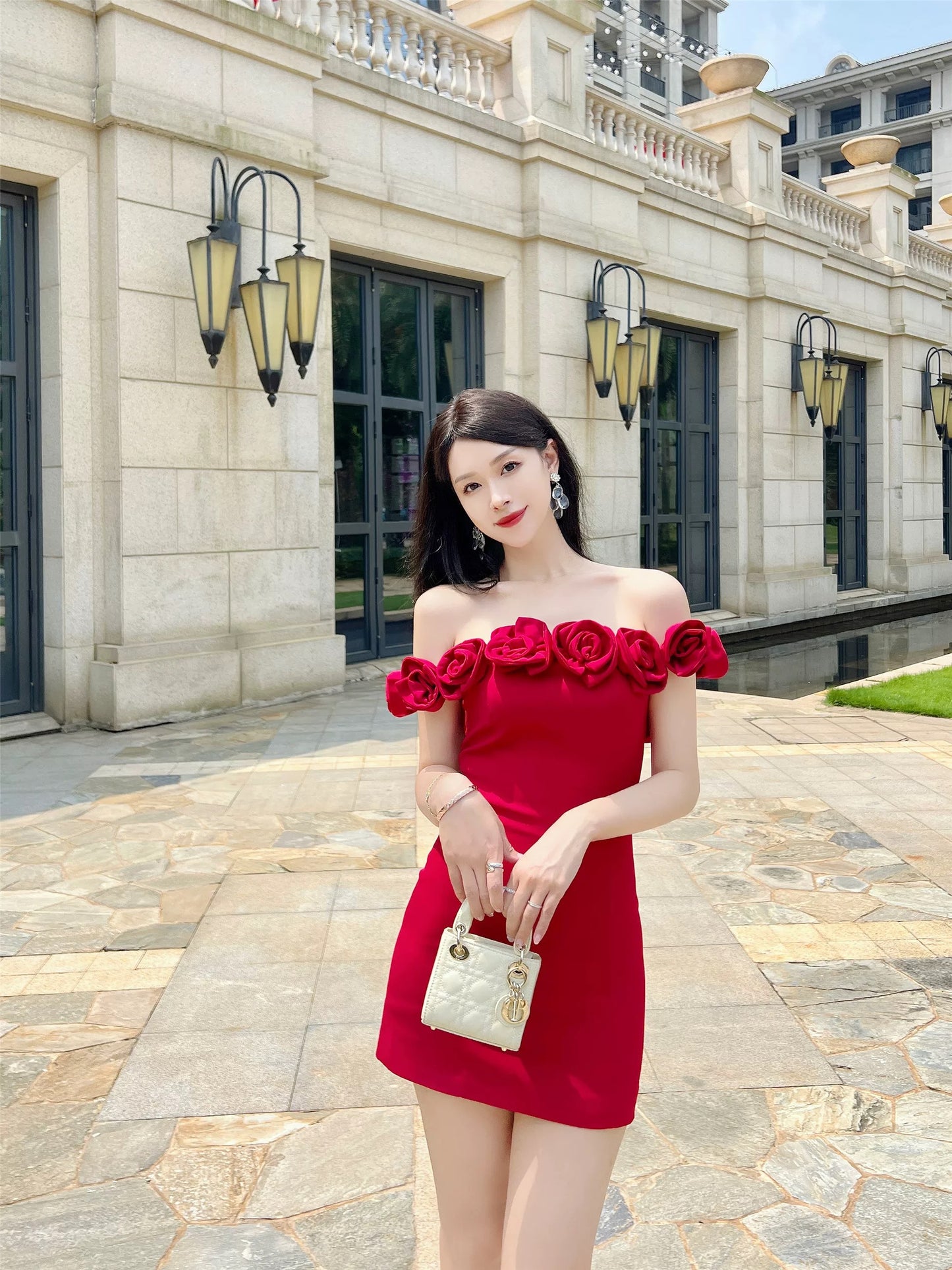[Rose Red] V@1entin0 hand-sewn rose flower one-shoulder dress