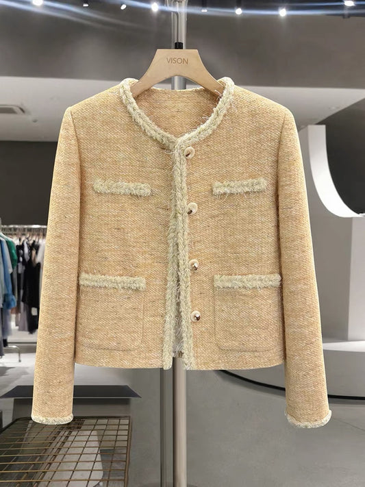 Yellow, gentle, down-filled, style short jacket for women, 2025 new winter style, French goddess look.
