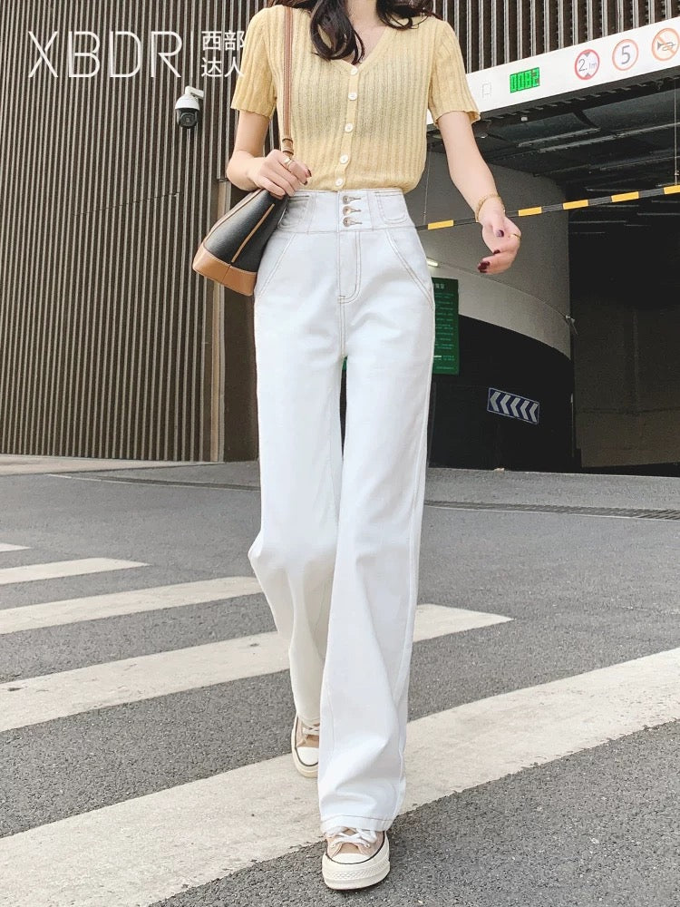 Off-white straight jeans women's loose 2024 autumn new high-waisted slimming drapey wide-leg floor-length pants