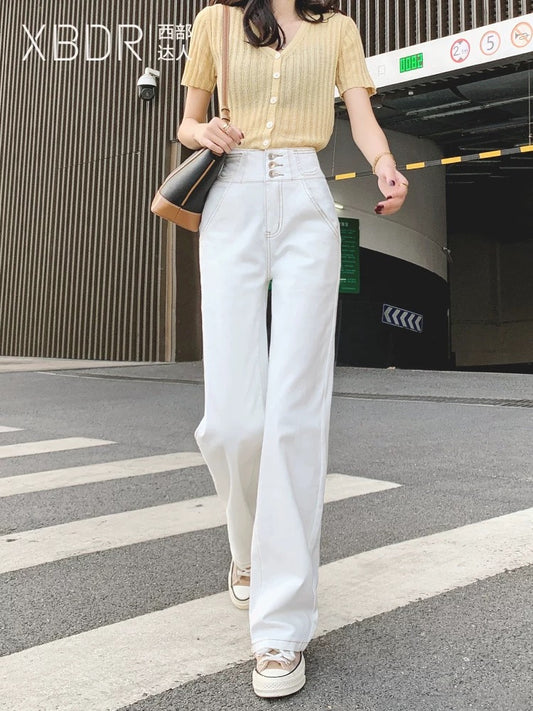 Off-white straight jeans women's loose 2024 autumn new high-waisted slimming drapey wide-leg floor-length pants