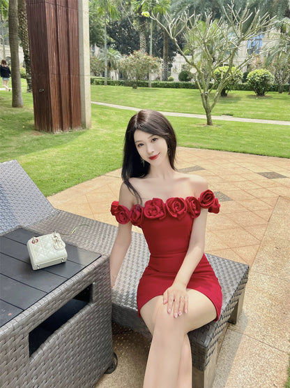 [Rose Red] V@1entin0 hand-sewn rose flower one-shoulder dress