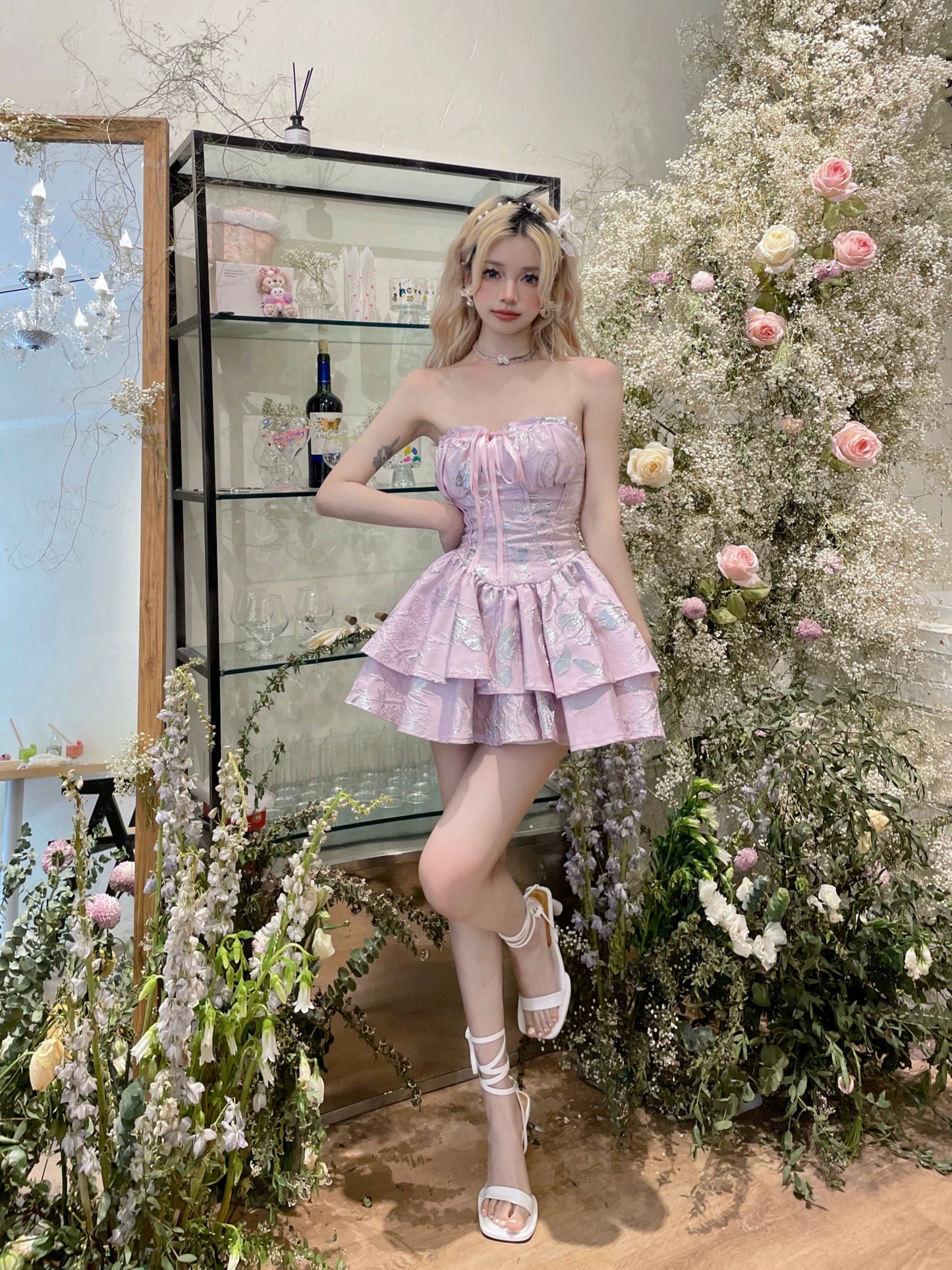 MOXI Swan Girl Pure Desire Ballet Sparkling Pink Silk Jacquard Strap Puffy Tube Cake Dress