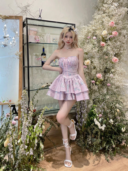 MOXI Swan Girl Pure Desire Ballet Sparkling Pink Silk Jacquard Strap Puffy Tube Cake Dress