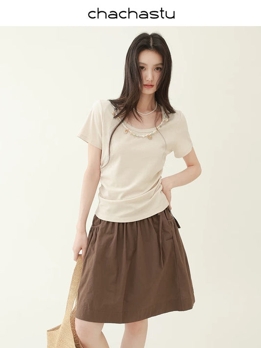 CHACHASTU [Summer Prologue] Customized handmade shell colored bead necklace textured short-sleeved T