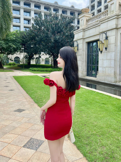[Rose Red] V@1entin0 hand-sewn rose flower one-shoulder dress