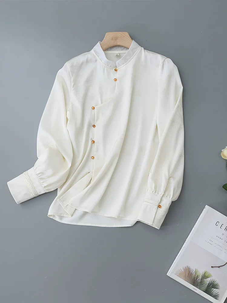 New Chinese style national style retro buttoned shirt women's long sleeve 2025 spring and autumn new jacquard stand collar shirt chic top