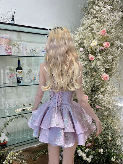 MOXI Swan Girl Pure Desire Ballet Sparkling Pink Silk Jacquard Strap Puffy Tube Cake Dress