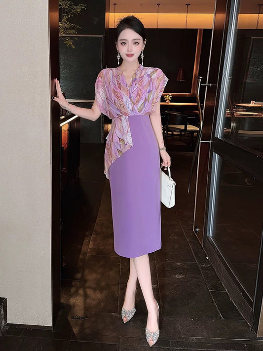 Stitching design dress for women 2024 new summer slimming temperament mid-length skirt tall skirt trendy