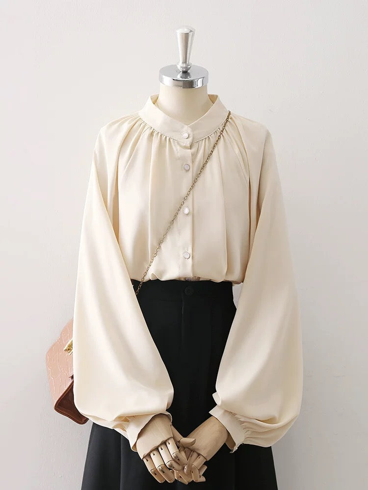 Retro French apricot stand collar lantern sleeve satin shirt female 2025 spring and autumn new drape niche top