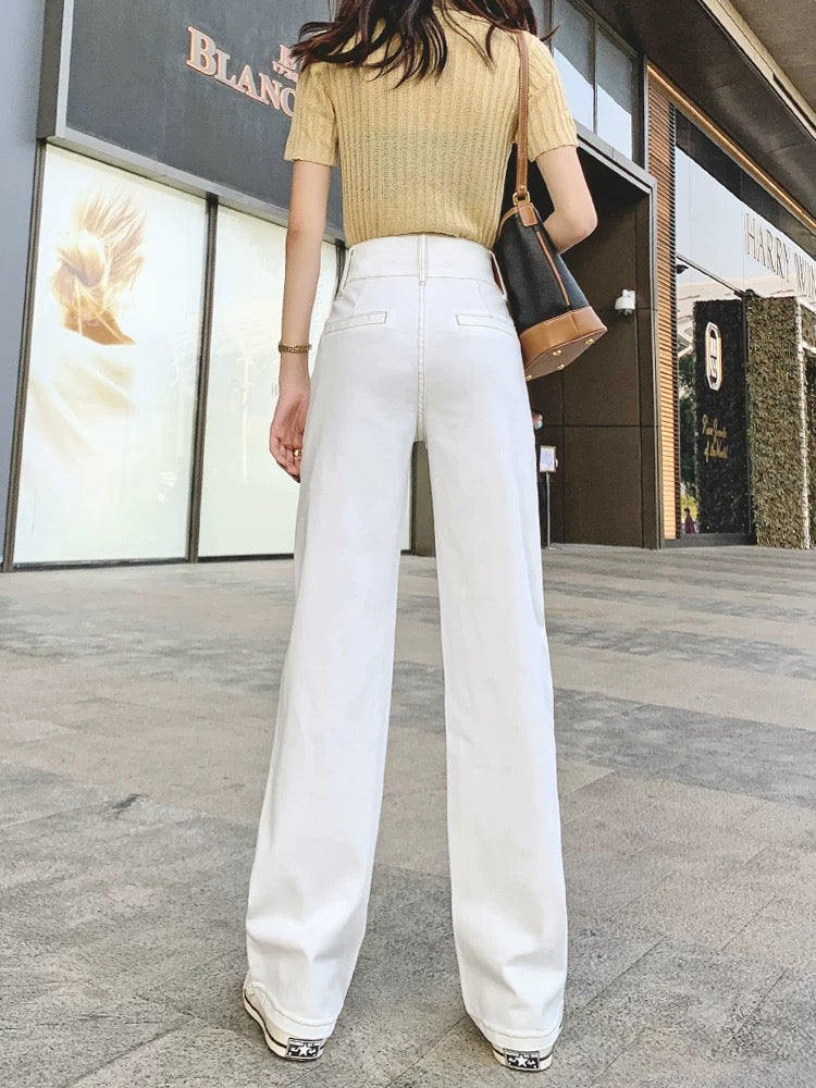 Off-white straight jeans women's loose 2024 autumn new high-waisted slimming drapey wide-leg floor-length pants