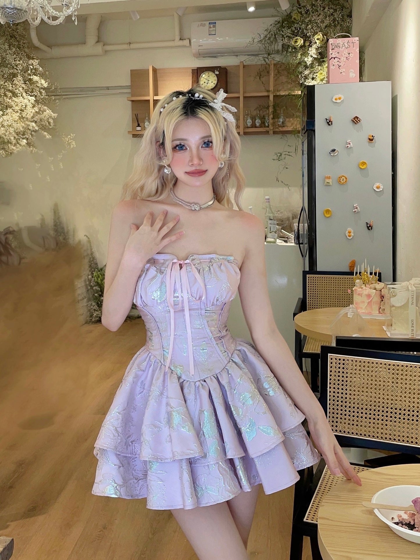 MOXI Swan Girl Pure Desire Ballet Sparkling Pink Silk Jacquard Strap Puffy Tube Cake Dress