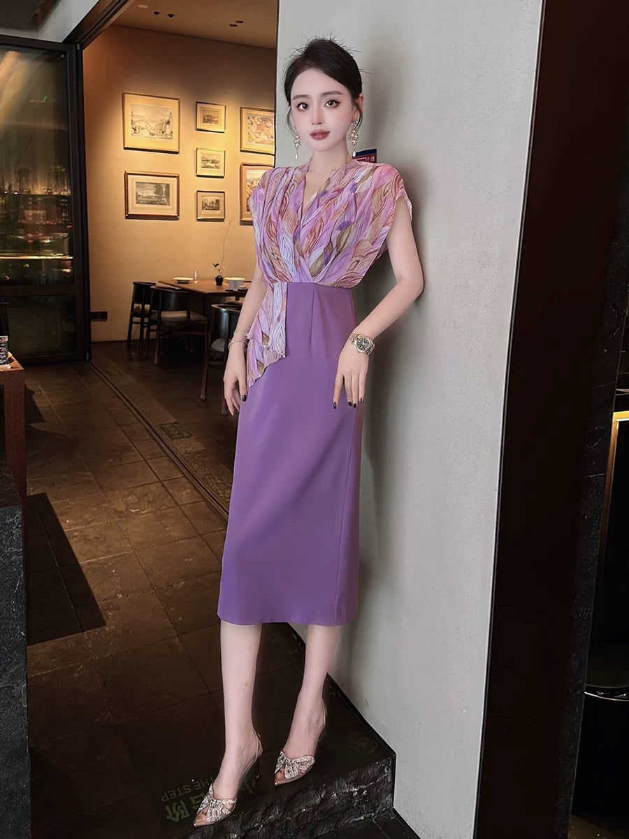 Stitching design dress for women 2024 new summer slimming temperament mid-length skirt tall skirt trendy