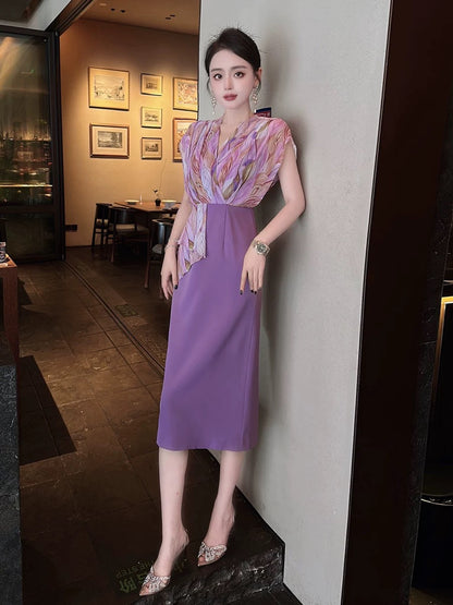 Stitching design dress for women 2024 new summer slimming temperament mid-length skirt tall skirt trendy