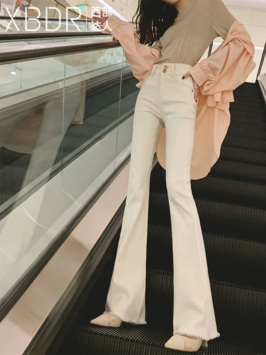 Apricot slightly booted jeans for women 2024 new autumn clothing high waist slimming versatile raw edge hip lifting floor-length bell-bottom pants