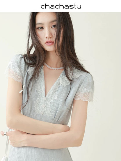 CHACHASTU [Summer Prologue] French style palace texture hand-cranked lace long skirt