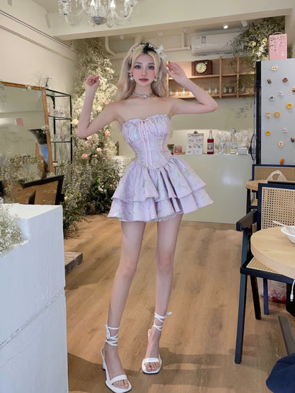 MOXI Swan Girl Pure Desire Ballet Sparkling Pink Silk Jacquard Strap Puffy Tube Cake Dress