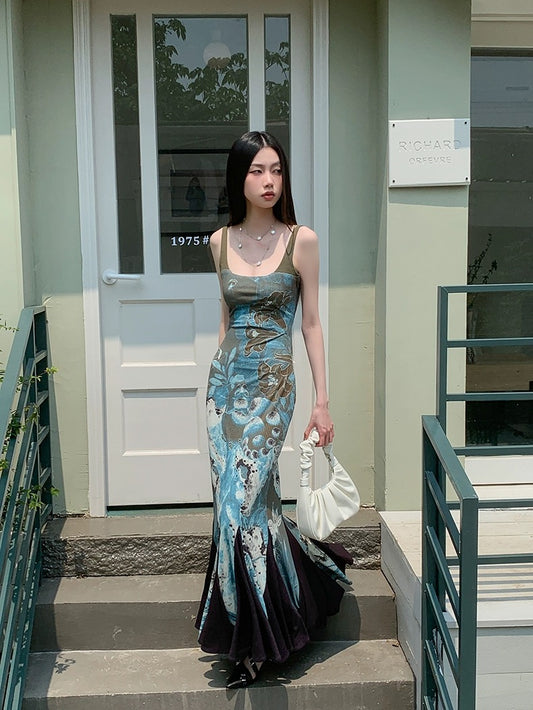 New Chinese style Chinese style printed splicing adjustable strap fishtail hip dress