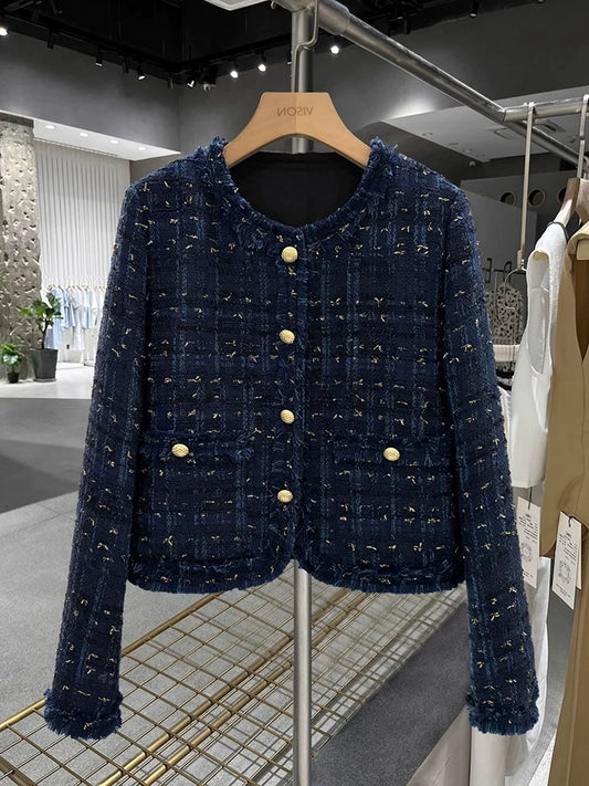 Dark blue lining down warm small fragrance women's short jacket 2023 new winter light luxury lady top trend
