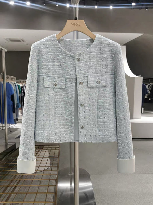 Blue, light luxury, short-style jacket for women, new spring/autumn style, sophisticated and youthful top.