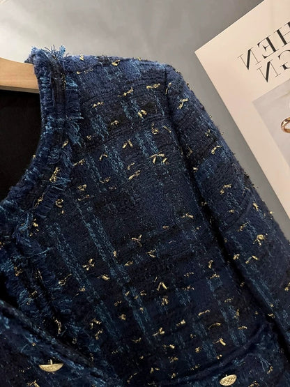 Dark blue lining down warm small fragrance women's short jacket 2023 new winter light luxury lady top trend