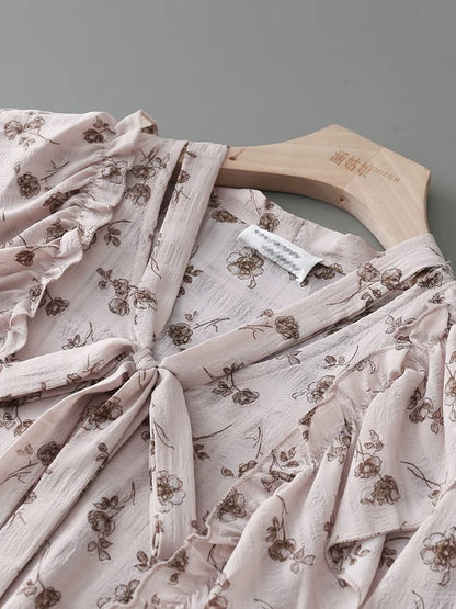 French light mature style all-match v-neck long-sleeved shirt women's 2025 single-breasted ruffled lace-up printed top