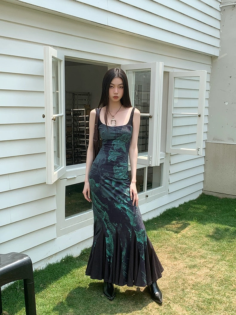 New Chinese style Chinese style printed splicing adjustable strap fishtail hip dress