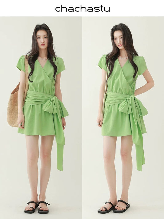 CHACHASTU [Summer Prologue] Green Apple ~ French waist tie design slanted collar short skirt