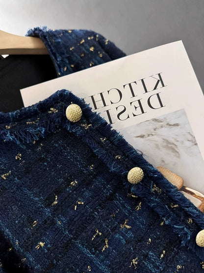 Dark blue lining down warm small fragrance women's short jacket 2023 new winter light luxury lady top trend