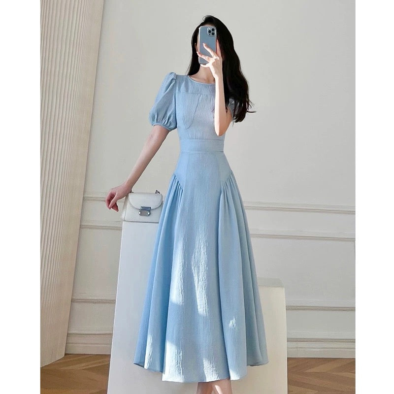 2024 summer new style French retro tea break dress with waist slimming puff sleeves and elegant fairy dress