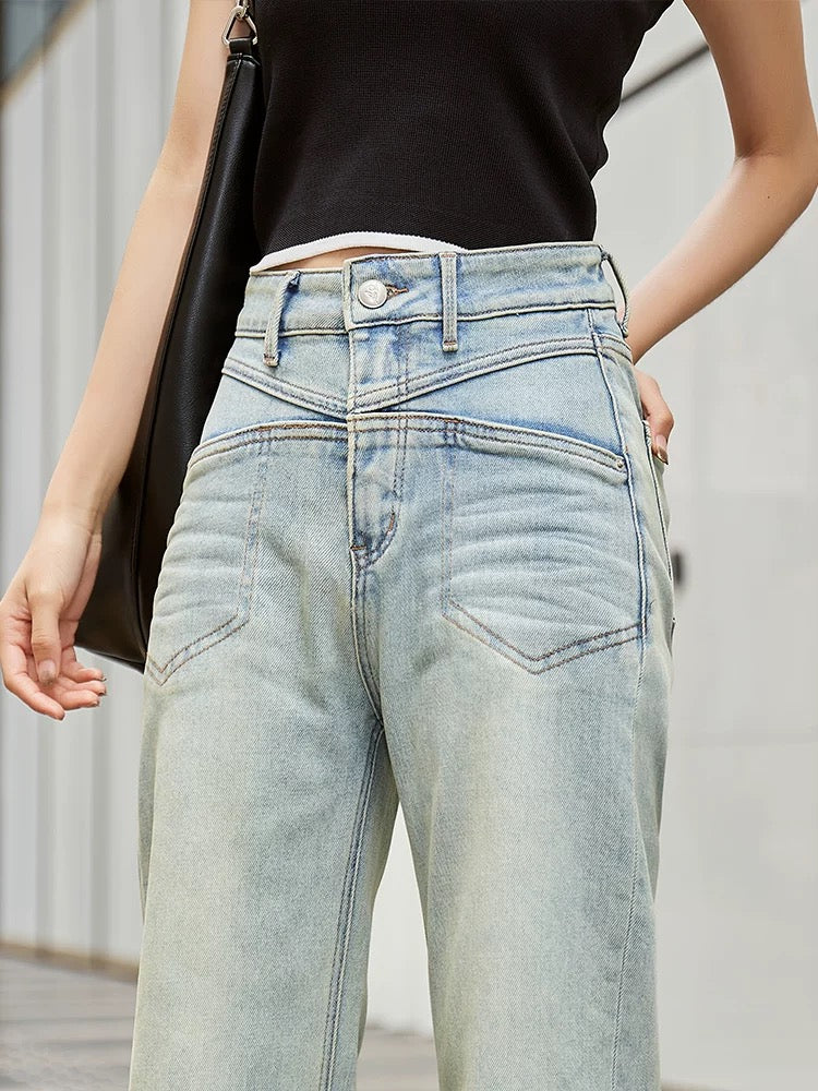 Nostalgic Blue Hong Kong Style Straight Jeans for Women Loose Wide Legs 2024 Autumn New Style High Waist Splicing Draping Floor Mopping