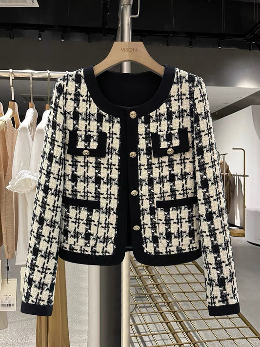 Black and white checkered high-end fashionable-style short jacket for women, autumn and winter 2025 new style, sophisticated suit top.